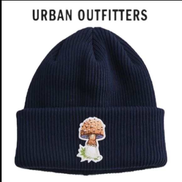 NEW Urban Outfitters Druthers Gorey Navy Embroidered Mushroom Shroom Beanie Hat - Picture 1 of 3